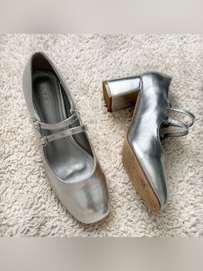 Cider Metallic Silver Double-Strap Mary Jane Block Heels